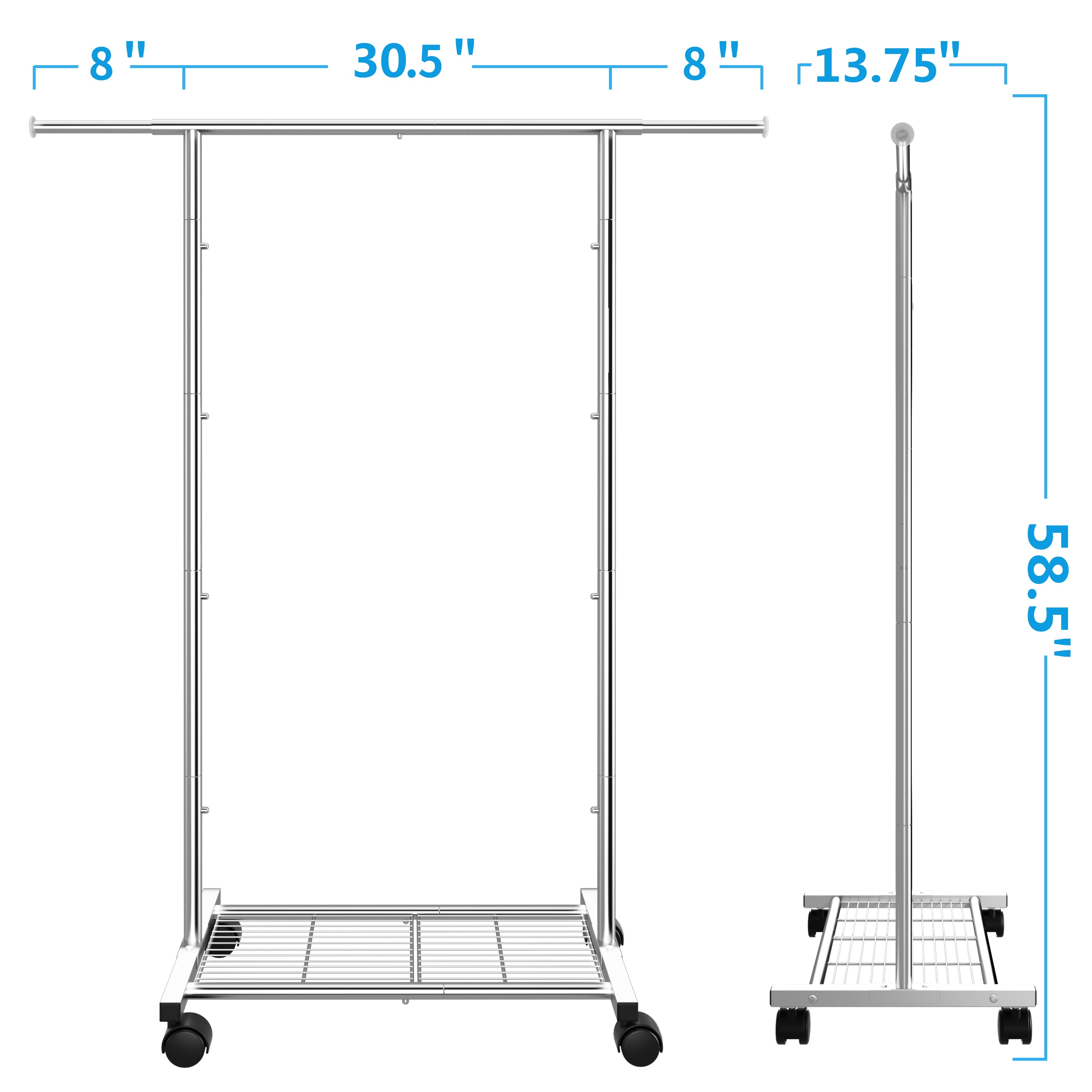 Simple Trending Clothing Garment Rack with Wheels and Bottom Shelves, Extendable, Chrome