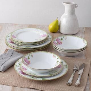 Noritake Poppy Place 12-Piece White and Pink Porcelain Dinnerware Set (Service for 4) 1737-12H