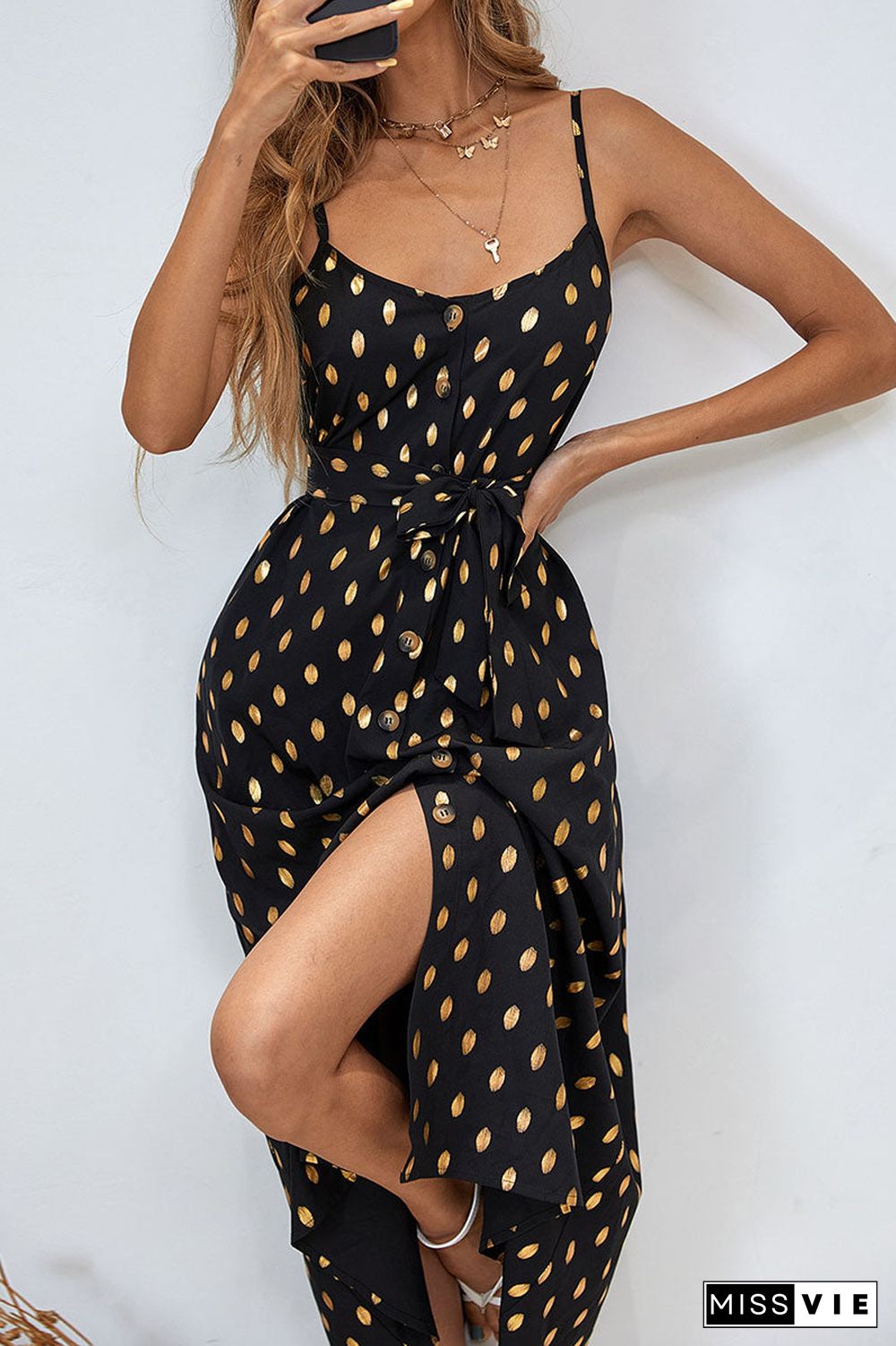 Fashion Street Print Slit Spaghetti Strap A Line Dresses