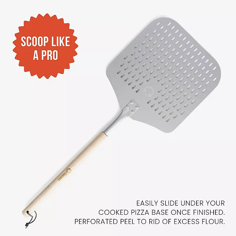 Chef Pomodoro Perforated Aluminum Long Extendable Pizza Peel， 12 X 14-inch， With Detachable Wood