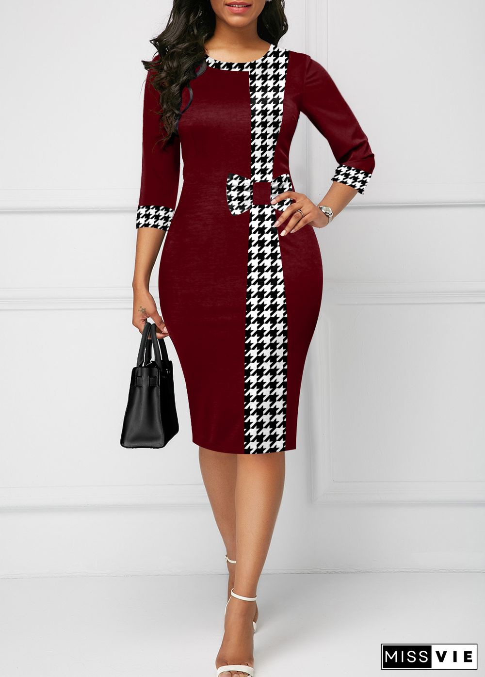 Houndstooth Print Bowknot Bodycon Dress