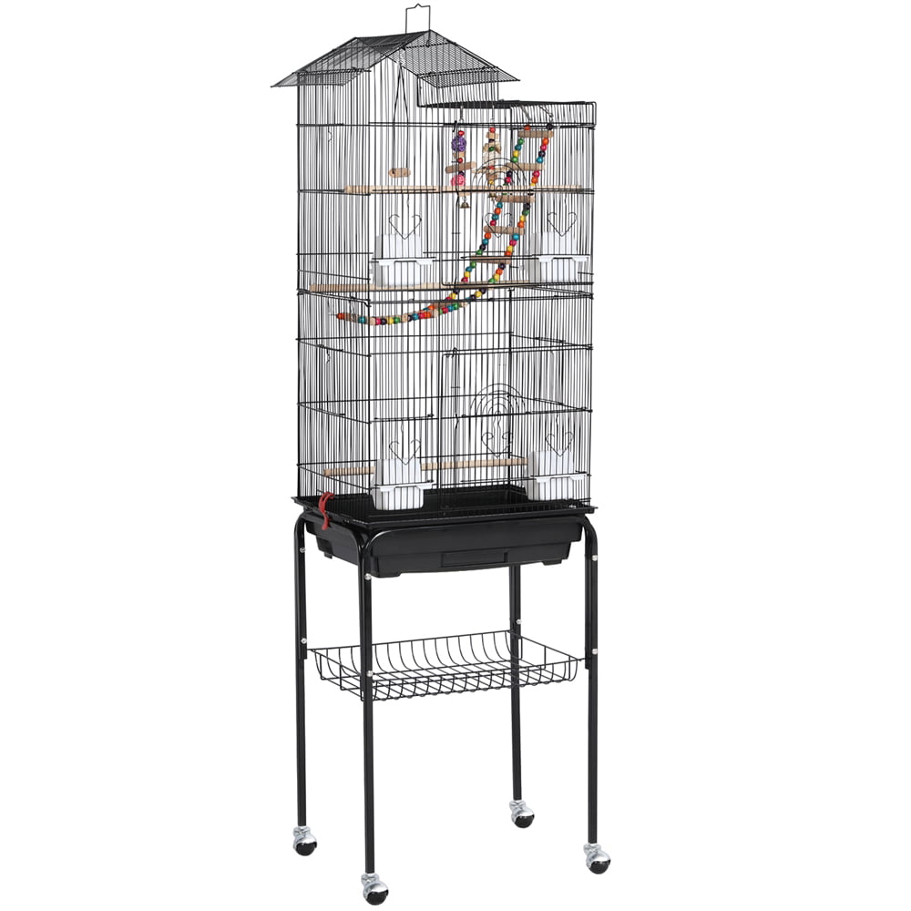 Topeakmart 62.5''H Rolling Metal Birdcage Parrot Cage with Detachable Stand， Black