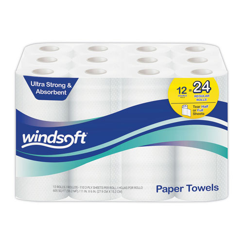 Windsoft Premium Kitchen Roll Towels | 2 Ply， 11 x 6， White， 110