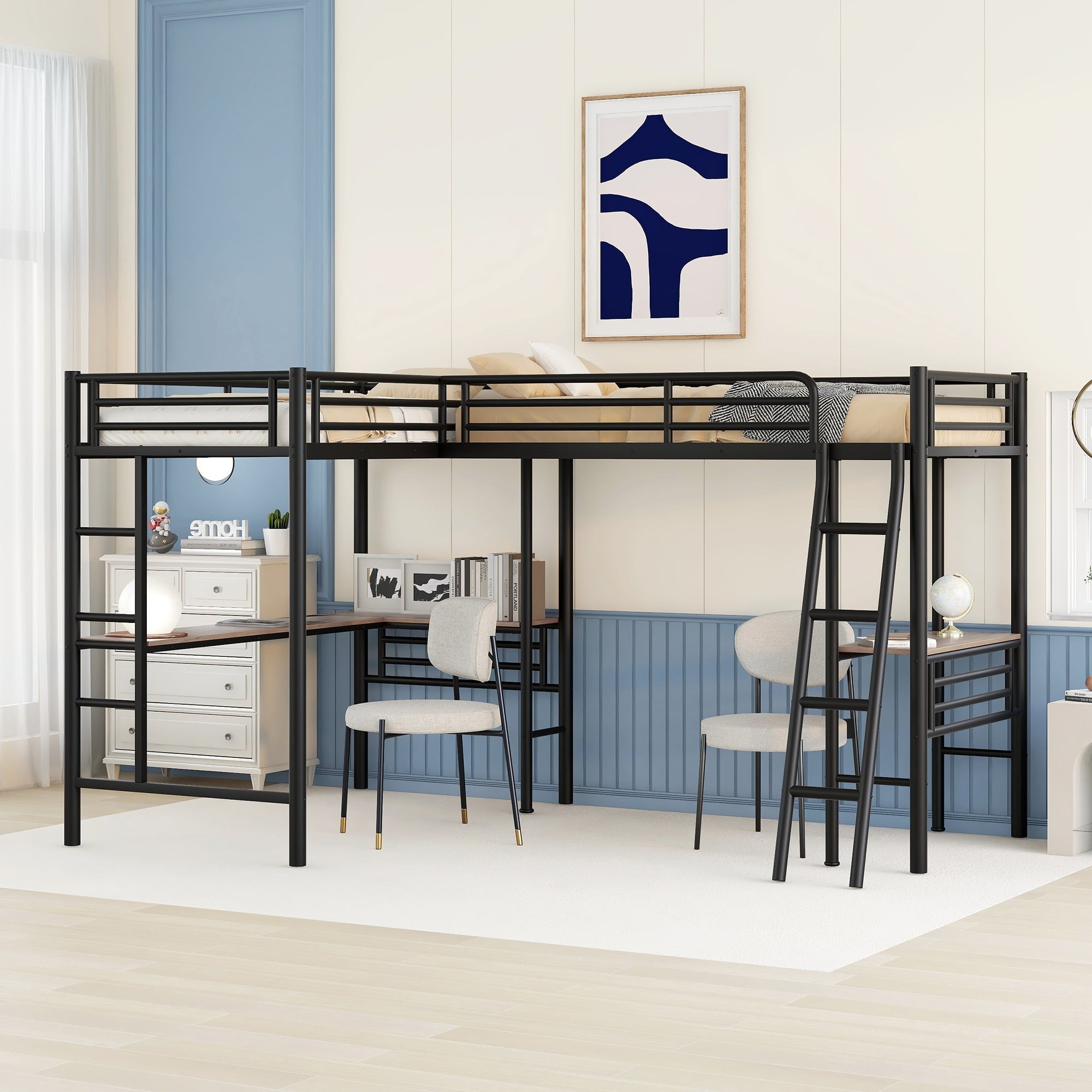 Metal L-Shaped Twin Size Loft Bed with Two Desk for Kids Bedroom, Black