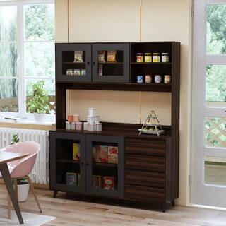 FUFUGAGA 63 in. L Brown Wood Kitchen Dining Food Pantries Sideboard with 4-Drawers Hooks Open Shelves Glass Doors KF210128-023-KPL-c