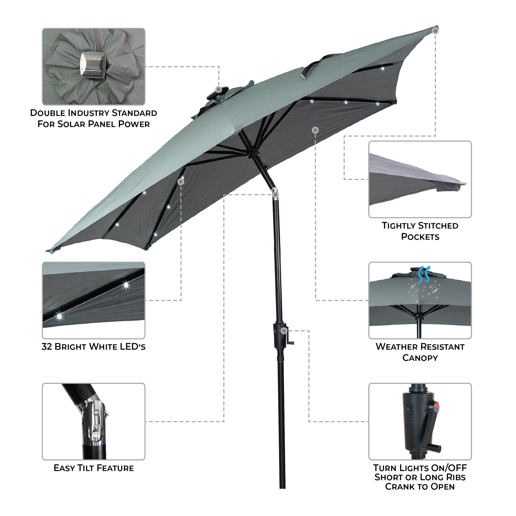 SunRay 9' x 7' Rectangular Patio LED Umbrella Solar Powered w/Crank & Tilt Outdoor Umbrella, Grey