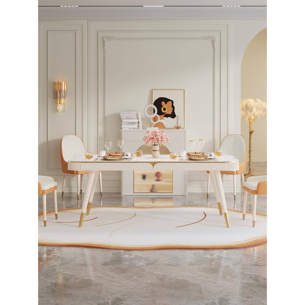 JASIWAY 63 in. Rectangle Beige Sintered Stone Top Dining Table with Solid Wood Legs (Seats 6) J-B2113T-BE