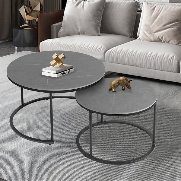 Nesting Coffee Table Black Metal Frame with Round Sintered Stone Top - 31.5x17.7 inch