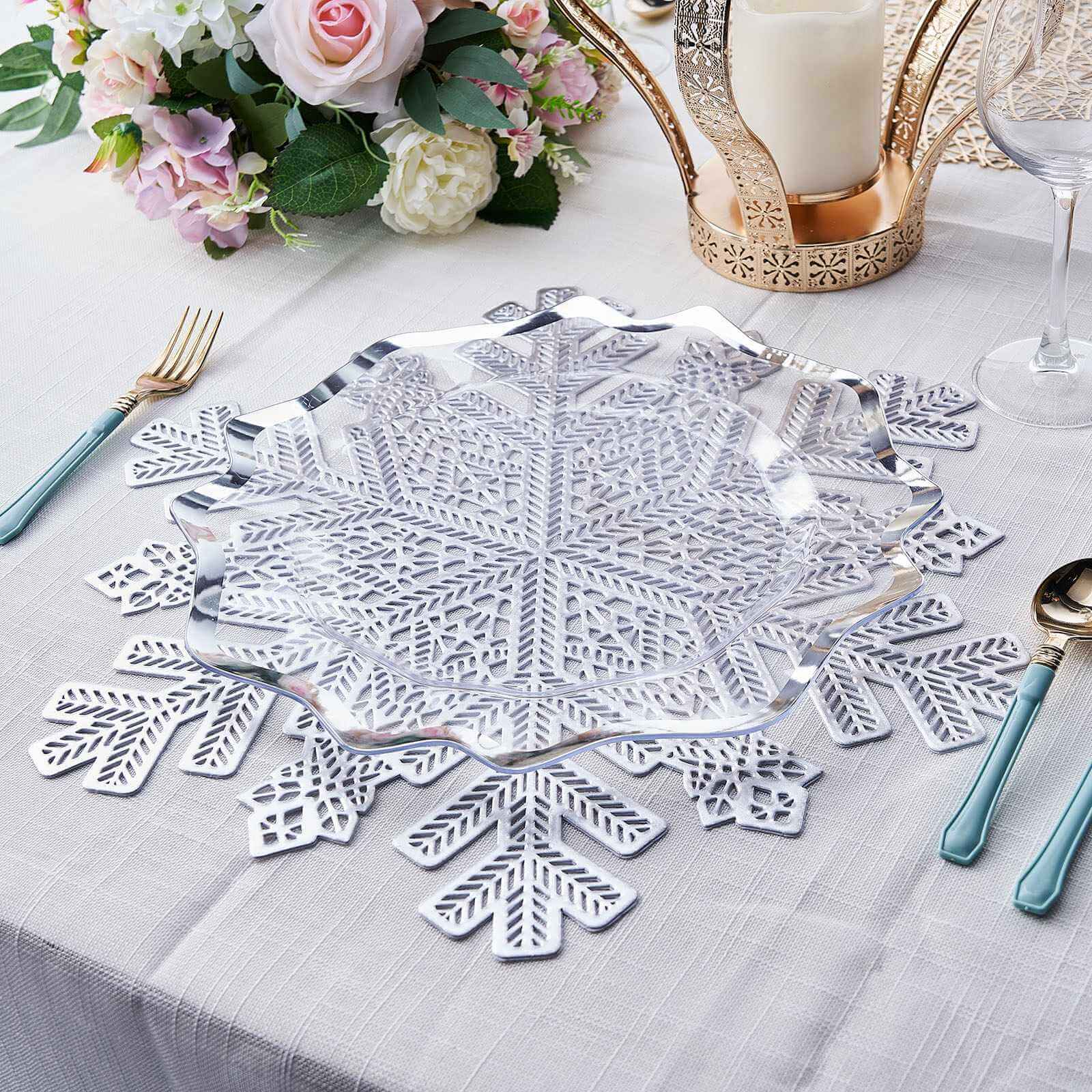 6 Pack Silver Metallic Snowflake Vinyl Placemats, Non-Slip Winter Wonderland Table Mats 18