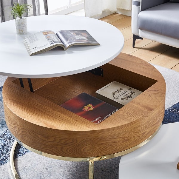 Nesting Storage Coffee Table Set of 2， Round MDF White End Table with Gold Finish Metal Base and Drawers for Living Room