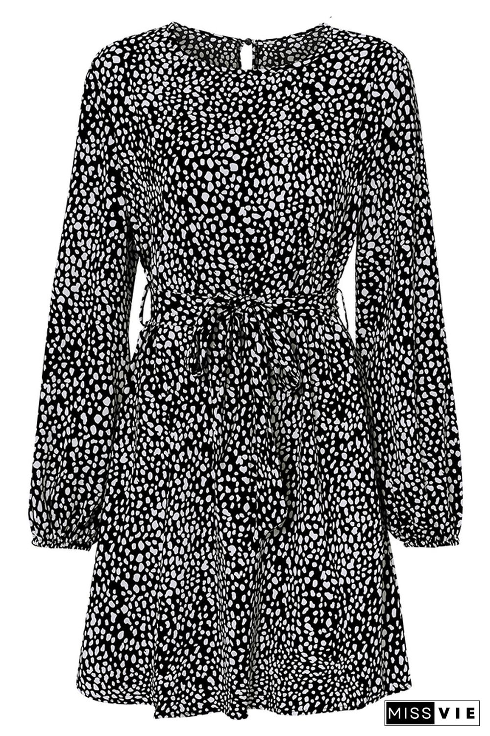 Leopard Print Waist Belt Long Sleeves Mini Dress