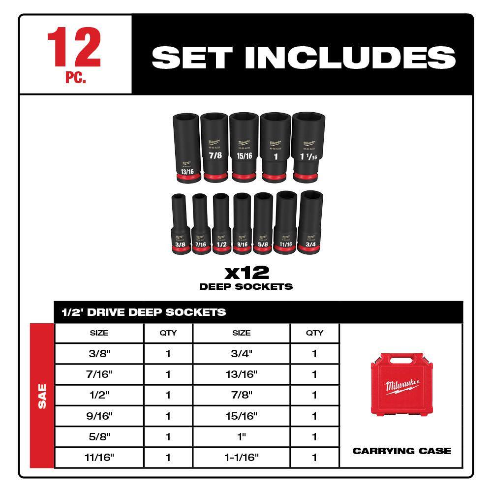 MW Shockwave 12 in. and 14 in. Drive SAEMetric Deep Well Impact Socket Set (26-Piece) 49-66-7011-49-66-7003