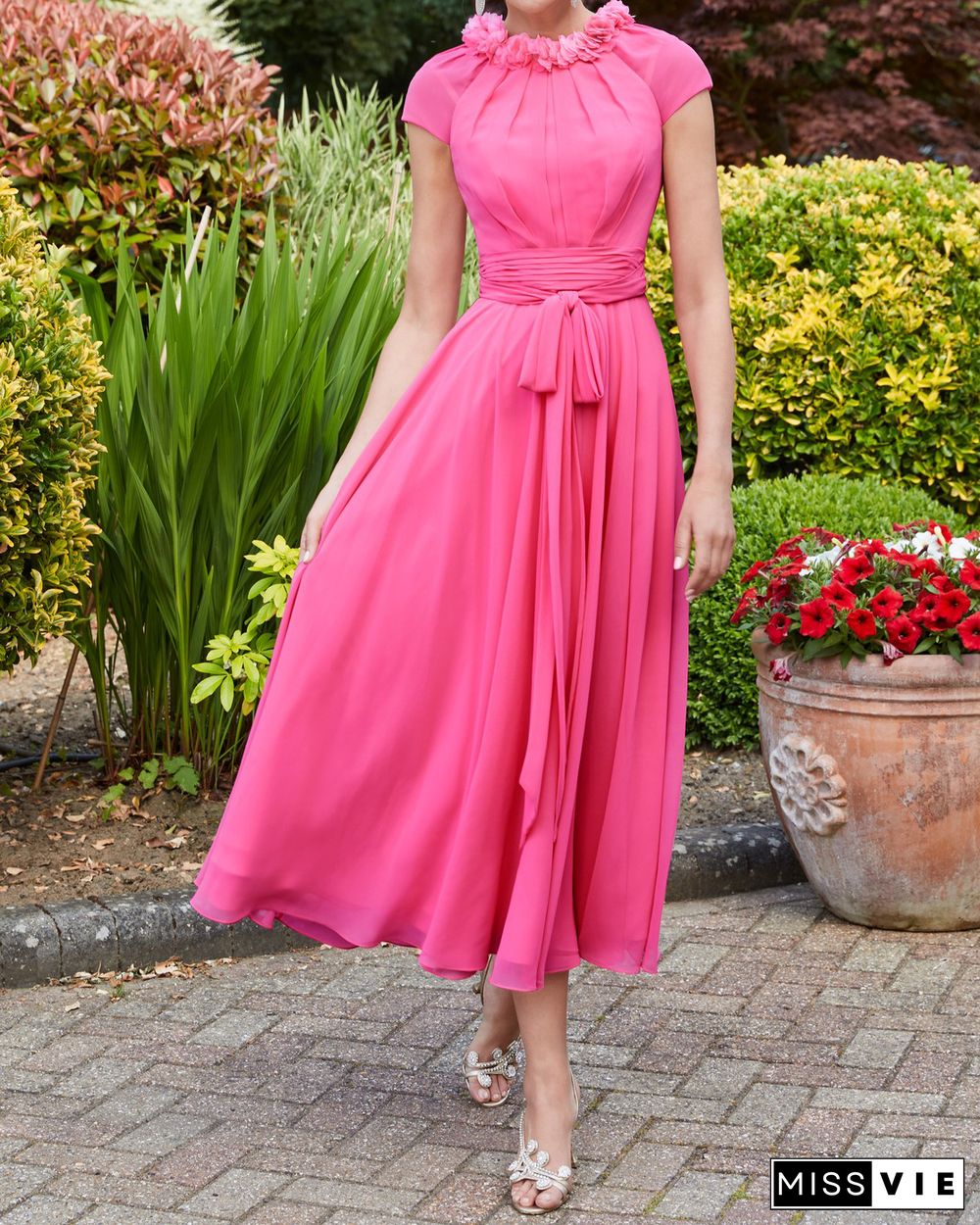 Elegant chiffon lace-up midi dress