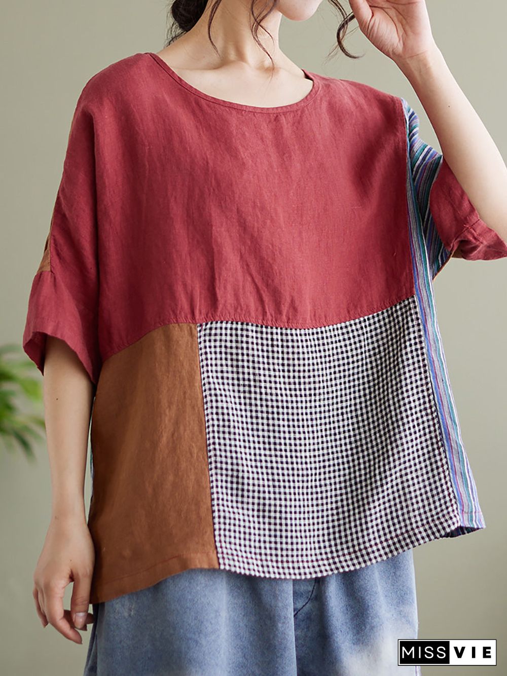 Plus Size Vintage Short Sleeve Women Linen Patchwork Loose T Shirt