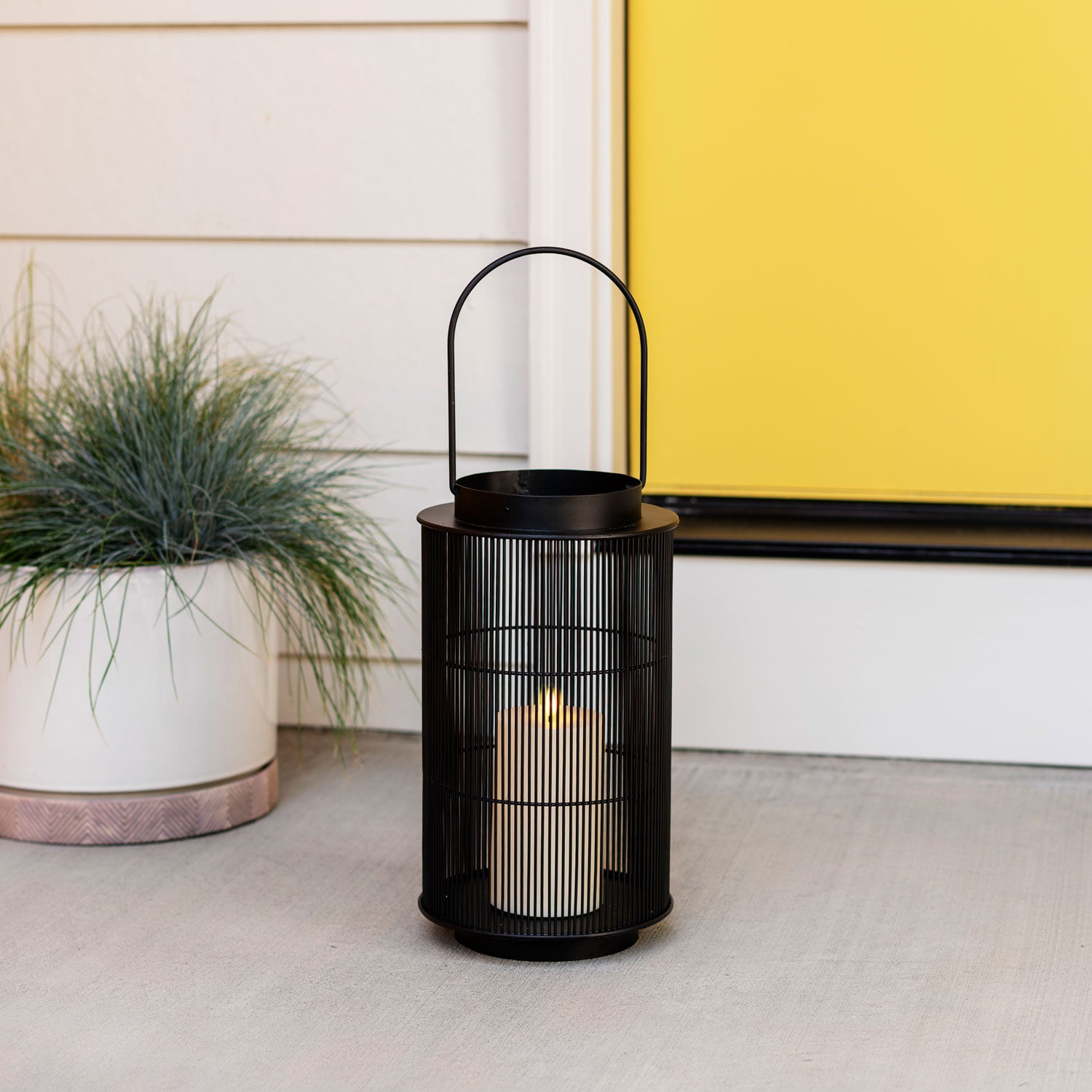 LampLust Indoor Outdoor Black Lantern with Flameless LED Candle， Medium - 1 Medium Black Metal Lantern with Weatherproof Flameless Candle， Batteries， and Timer Included