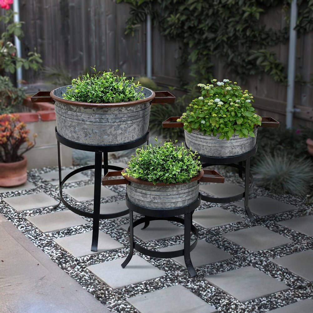 21  18  and 16 Inch 3 Piece Round Tub Metal Planter Set with Stand in Galvanized Gray and Black Iron