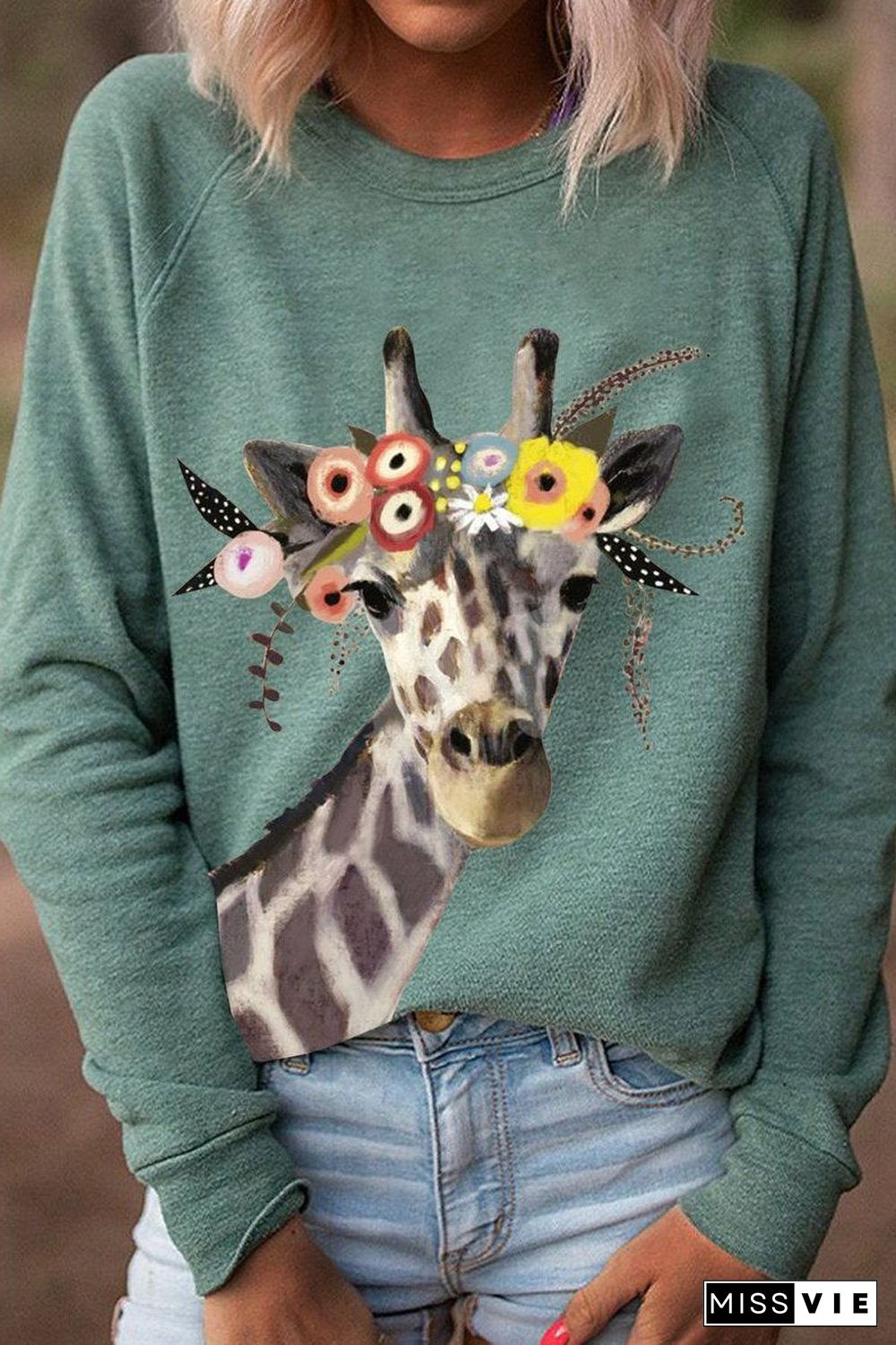 Giraffe Print Casual Long Sleeve T-Shirt