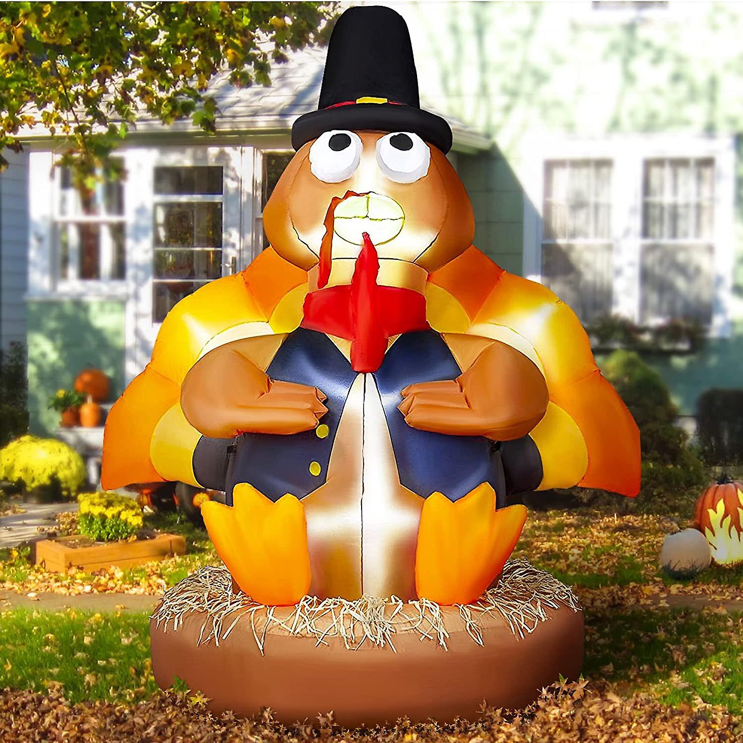 Seasonjoy 7ft Thanksgiving Decorations Outdoor， Thanksgiving Inflatables Turkey Wearing A Round Pilgrim Hat Decoration， Fall Turkey Decorations， Outdo