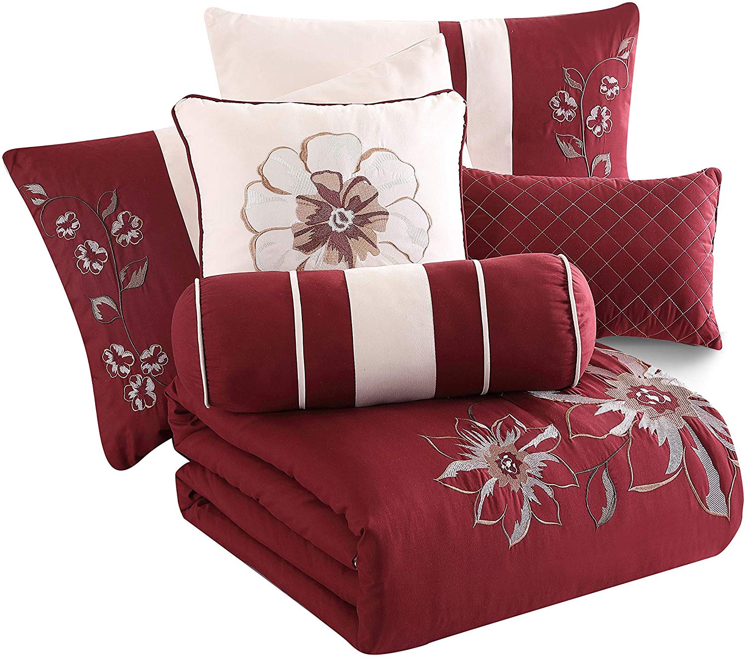 Chezmoi Collection Miranda 7-Piece Floral Hibiscus Embroidered Comforter Set