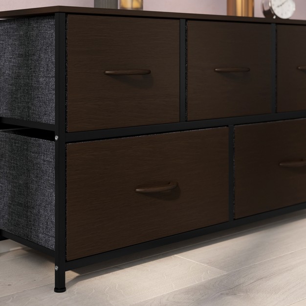 Emma And Oliver 5 Drawer Storage Dresser With Cast Iron Frame Wood Top And Easy Pull Fabric Drawers With Wooden Handles