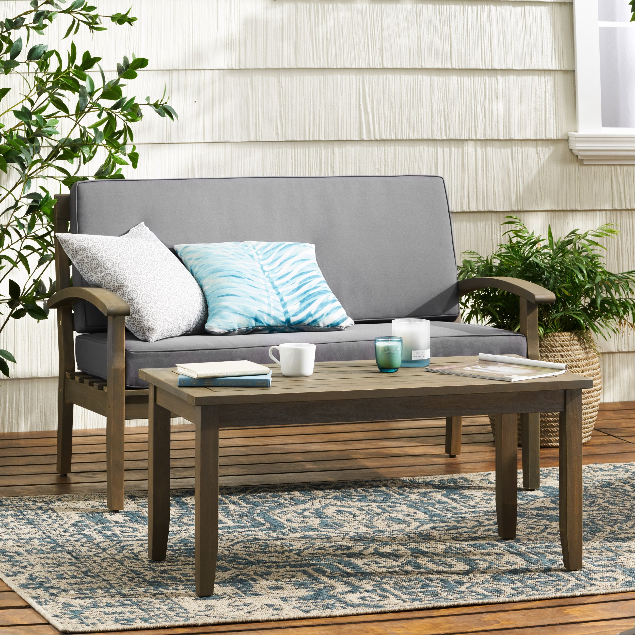 Preston Outdoor Acacia Wood Loveseat and Coffee Table