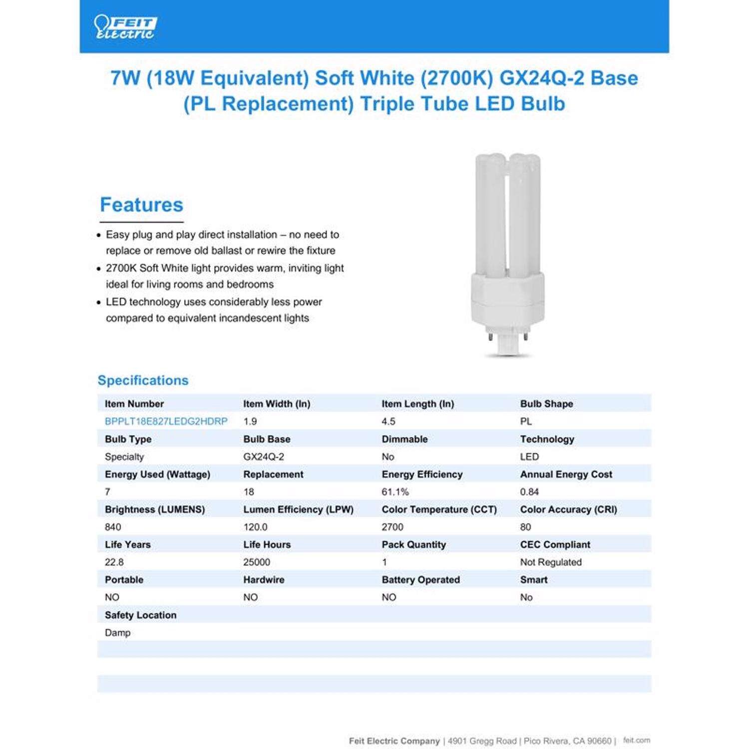 Feit LED Linear PL GX24Q-2 LED Light Bulb Soft White 18 Watt Equivalence 1 pk