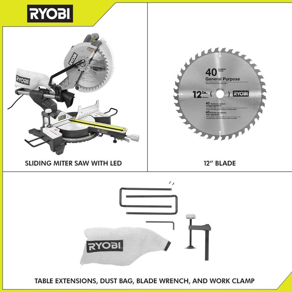 RYOBI 15 Amp 12 in. Corded Sliding Compound Miter Saw with LED Cutline Indicator with Universal Miter Saw QUICKSTAND TSS121-A18MS01G