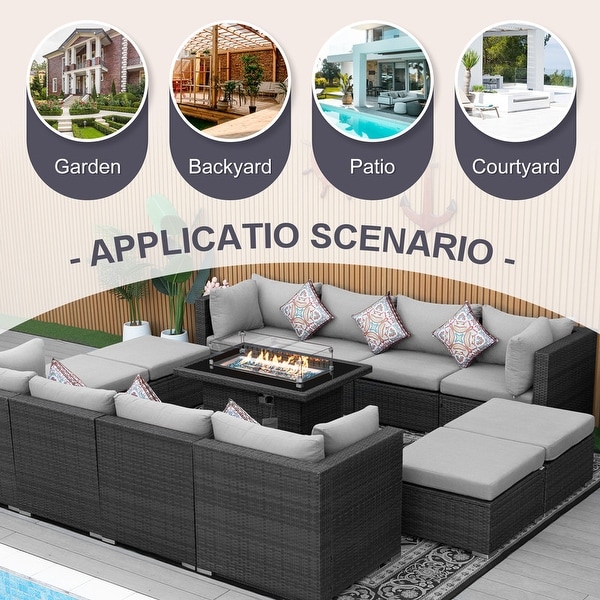 Nicesoul Outdoor Grey Wicker Sectional Furniture Patio Sofa Set with Firepit Table