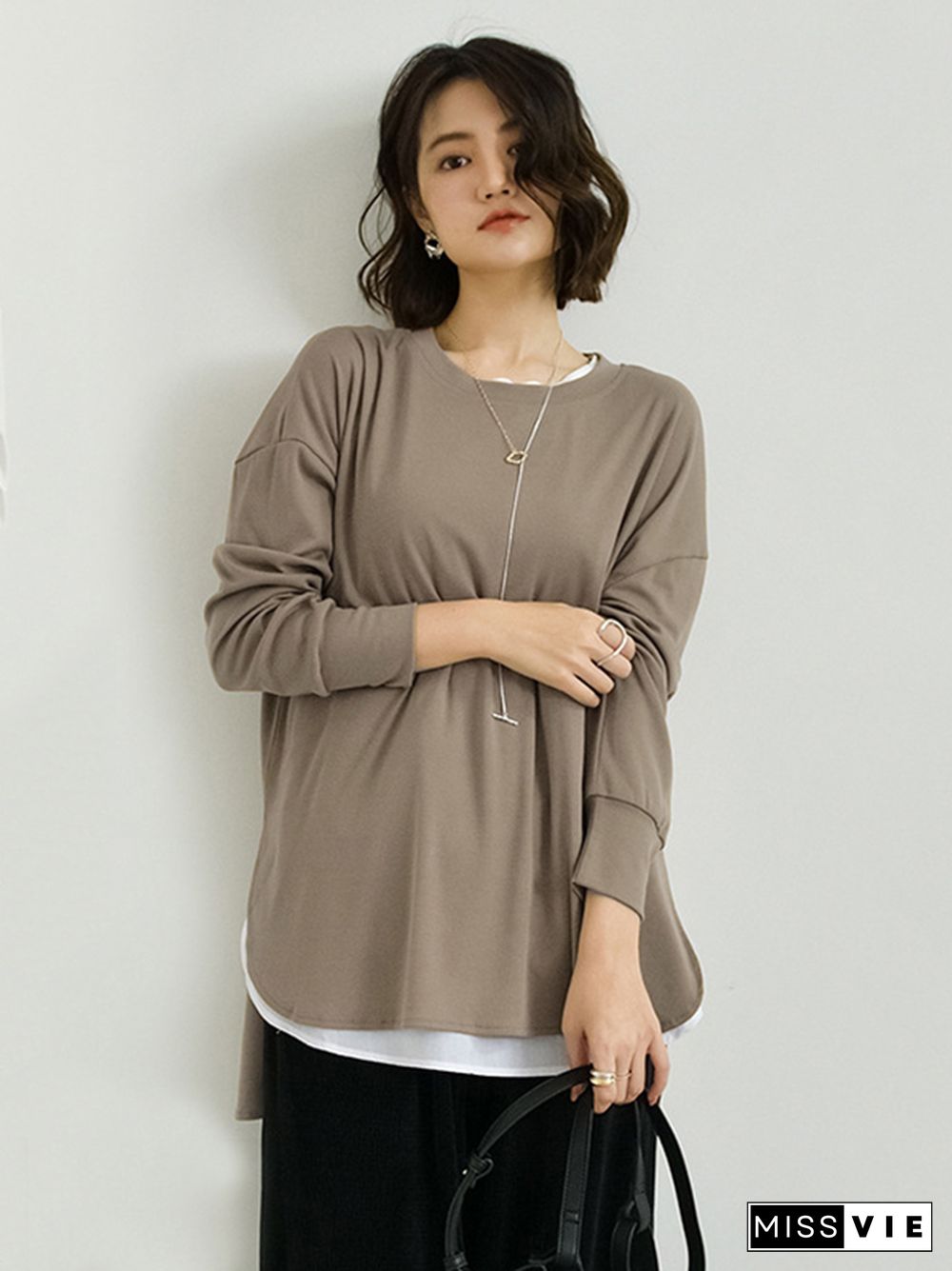 Simple Long Sleeves Loose Split-Side Solid Color Round-Neck T-Shirts Tops