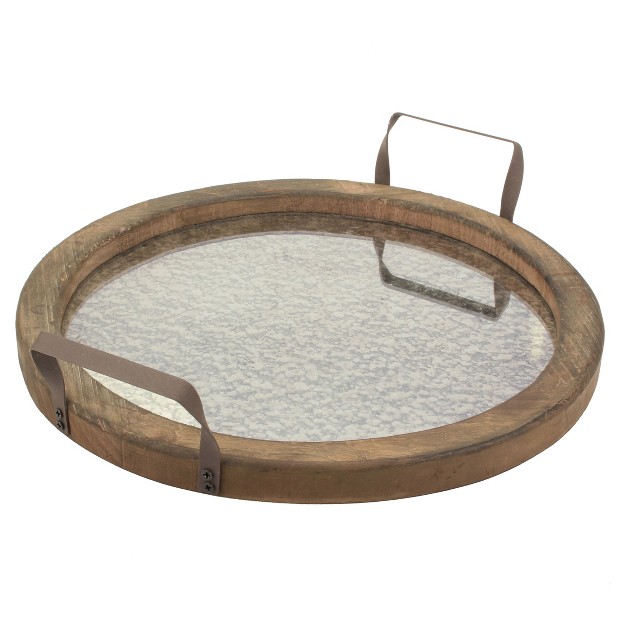 Round Rustic Wooden Tray With Distressed Mirror Brown Stonebriar Collection