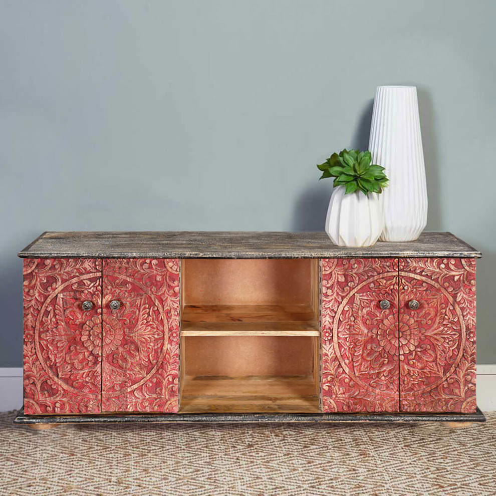 Los Angeles Red Intricately Designed 4 Door Rustic Media Console   Farmhouse   Entertainment Centers And Tv Stands   by Sierra Living Concepts Inc  Houzz