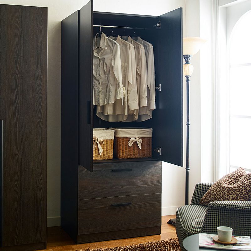 F.C Design Klair Living Two-Door Wood Closet with Two Drawers and Hanging Bars in Dark Brown