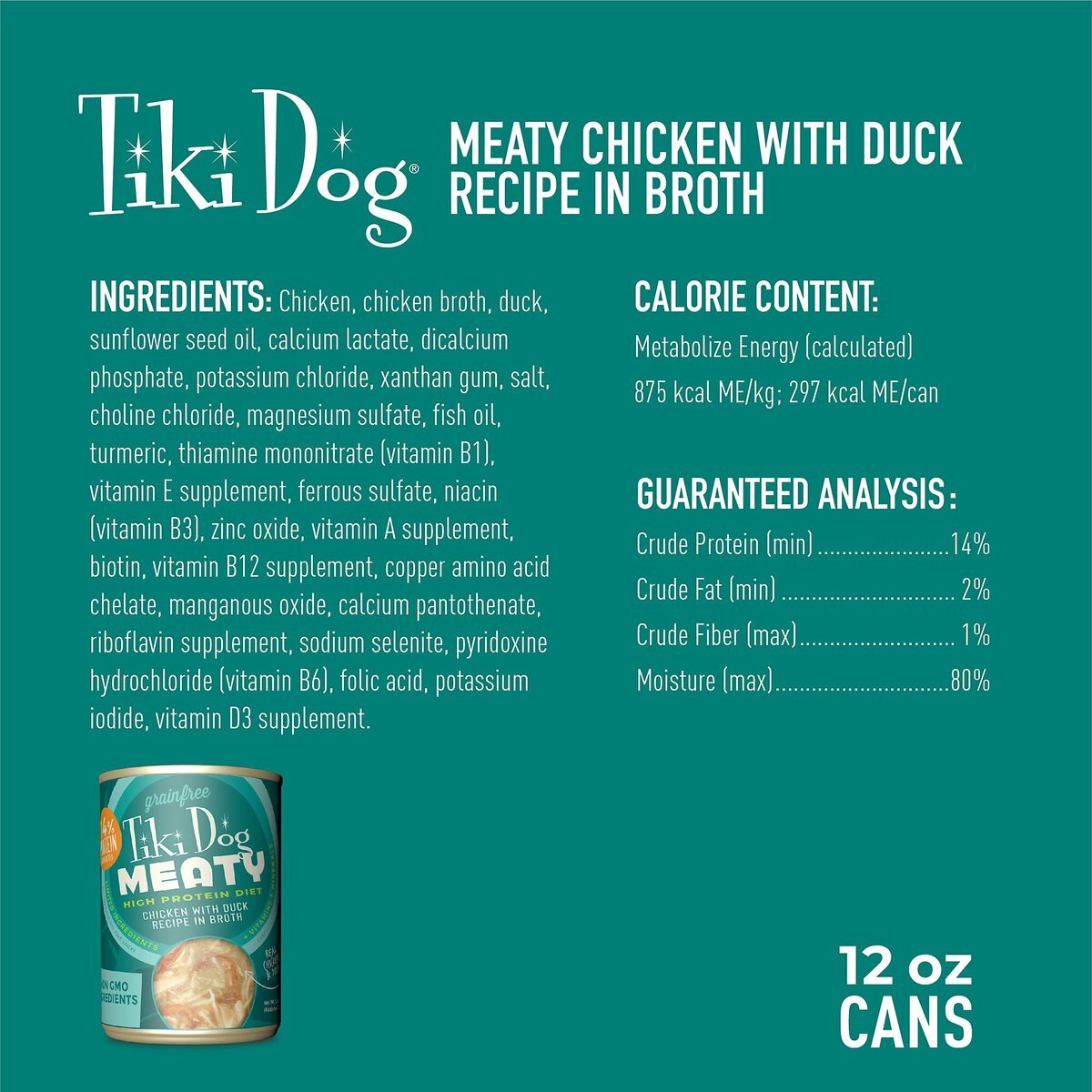 Tiki Dog Meaty Whole Foods Grain-Free Chicken and Duck Chunks in Gravy Canned Dog Food， 12-oz， case of 8