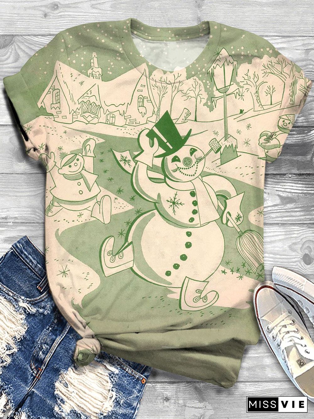 Snowman Print Crew Neck T-shirt