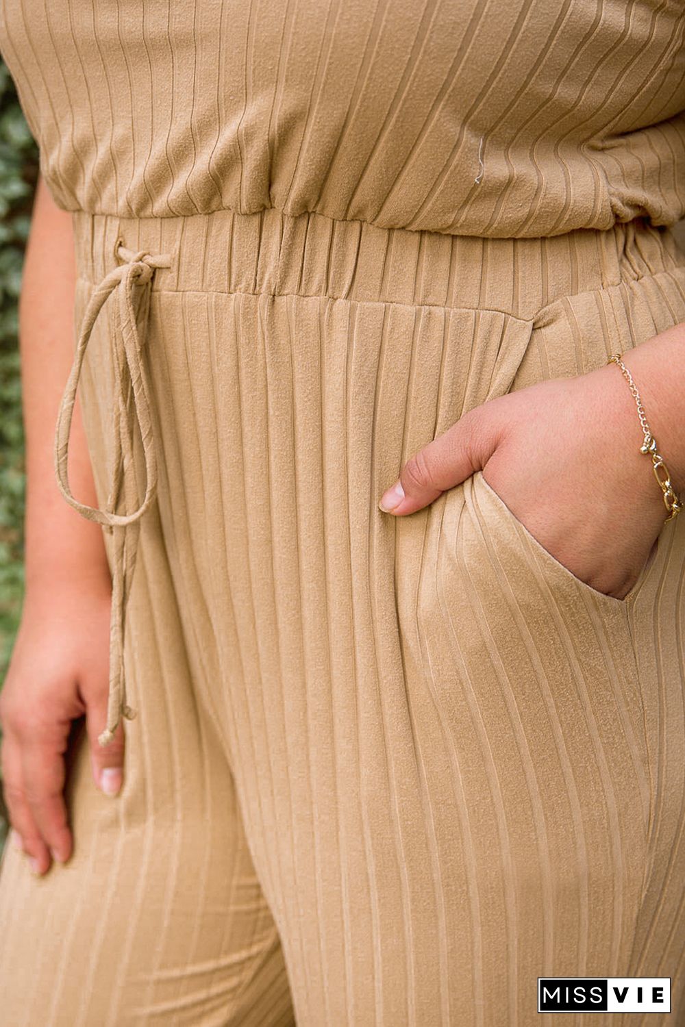 Apricot Ribbed Drawstring Waist Plus Size Sleeveless Jumpsuit