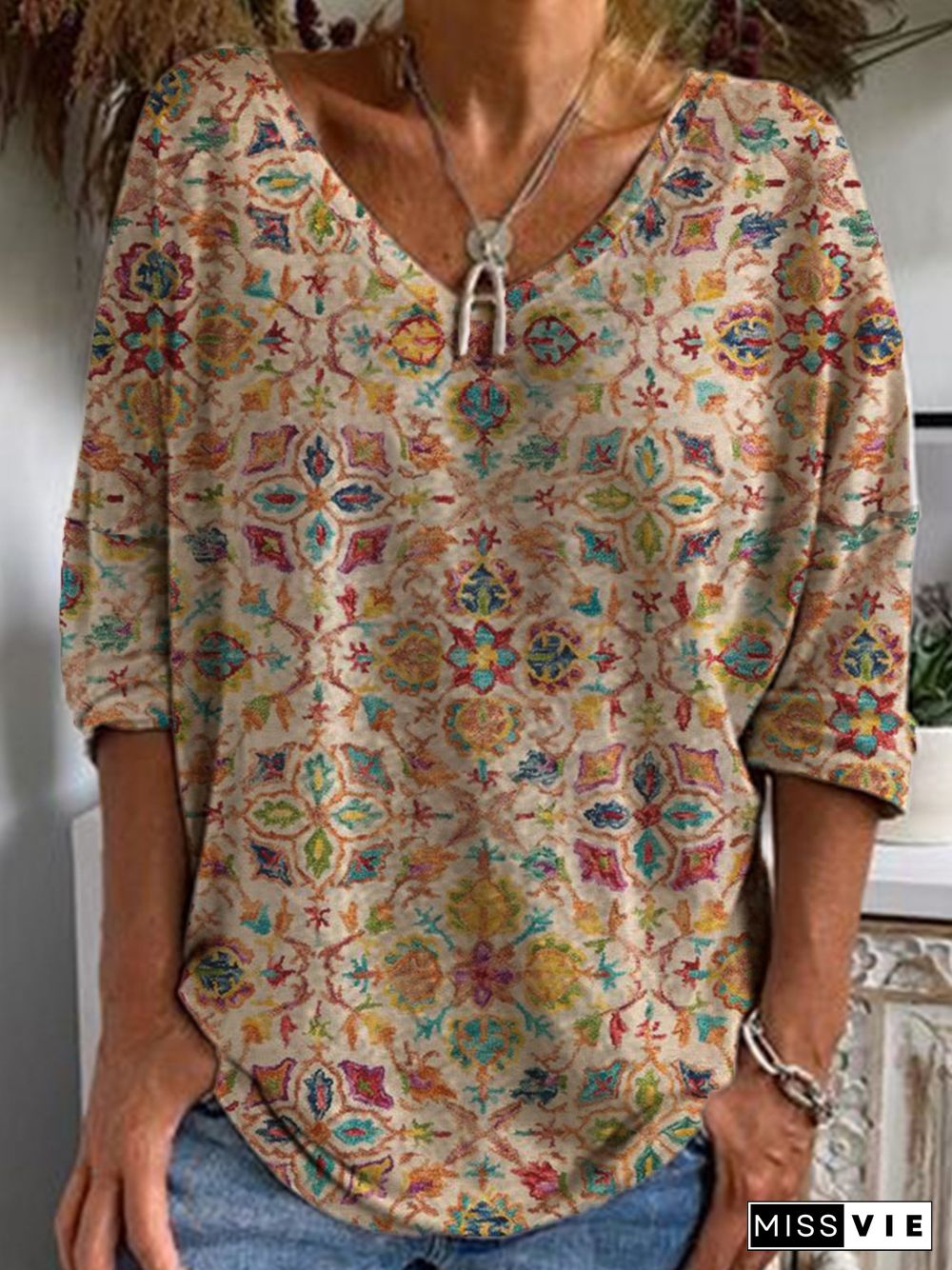 Casual V Neck Tribal Long Sleeve Tops