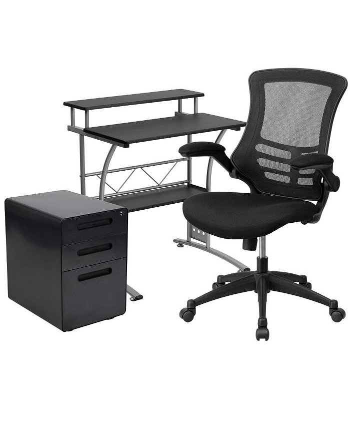 EMMA+OLIVER Work From Home Kit-Computer Desk Ergonomic Mesh Office Chair Filing Cabinet