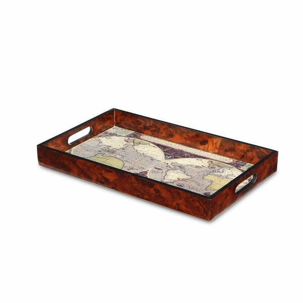 World Map Vintage Burlwood Serving Tray - 18 W x 14 D x 7 H