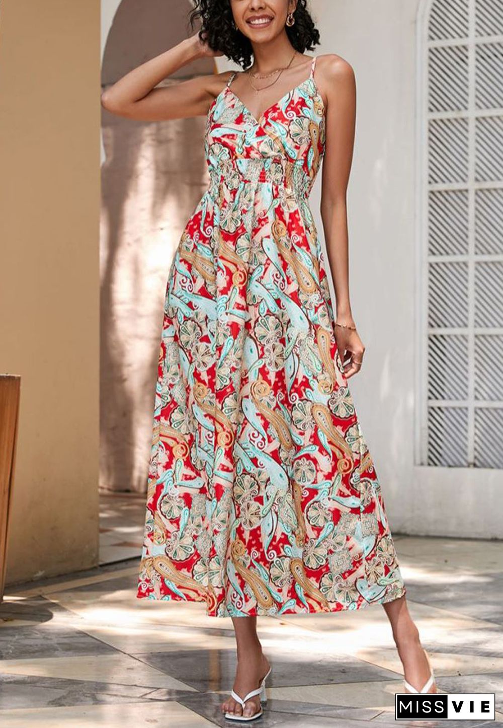 Tropical Leaf Print Surplice Neck Dress