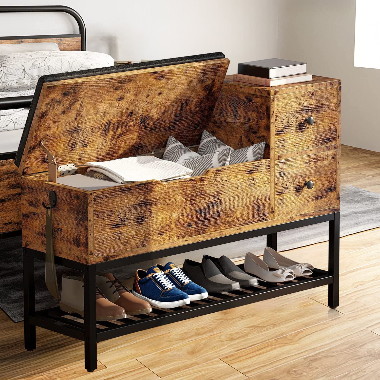 Entryway Bench With Shoe Rack Storage Bench With Flip Top Box and 2 Drawers