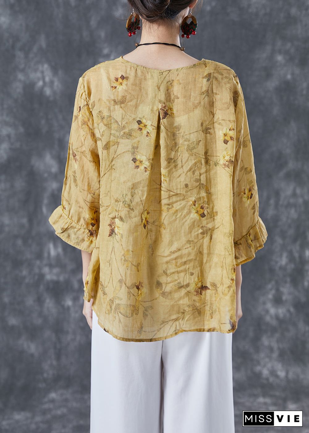 Boho Yellow Patchwork Print Linen Blouse Tops Bracelet Sleeve