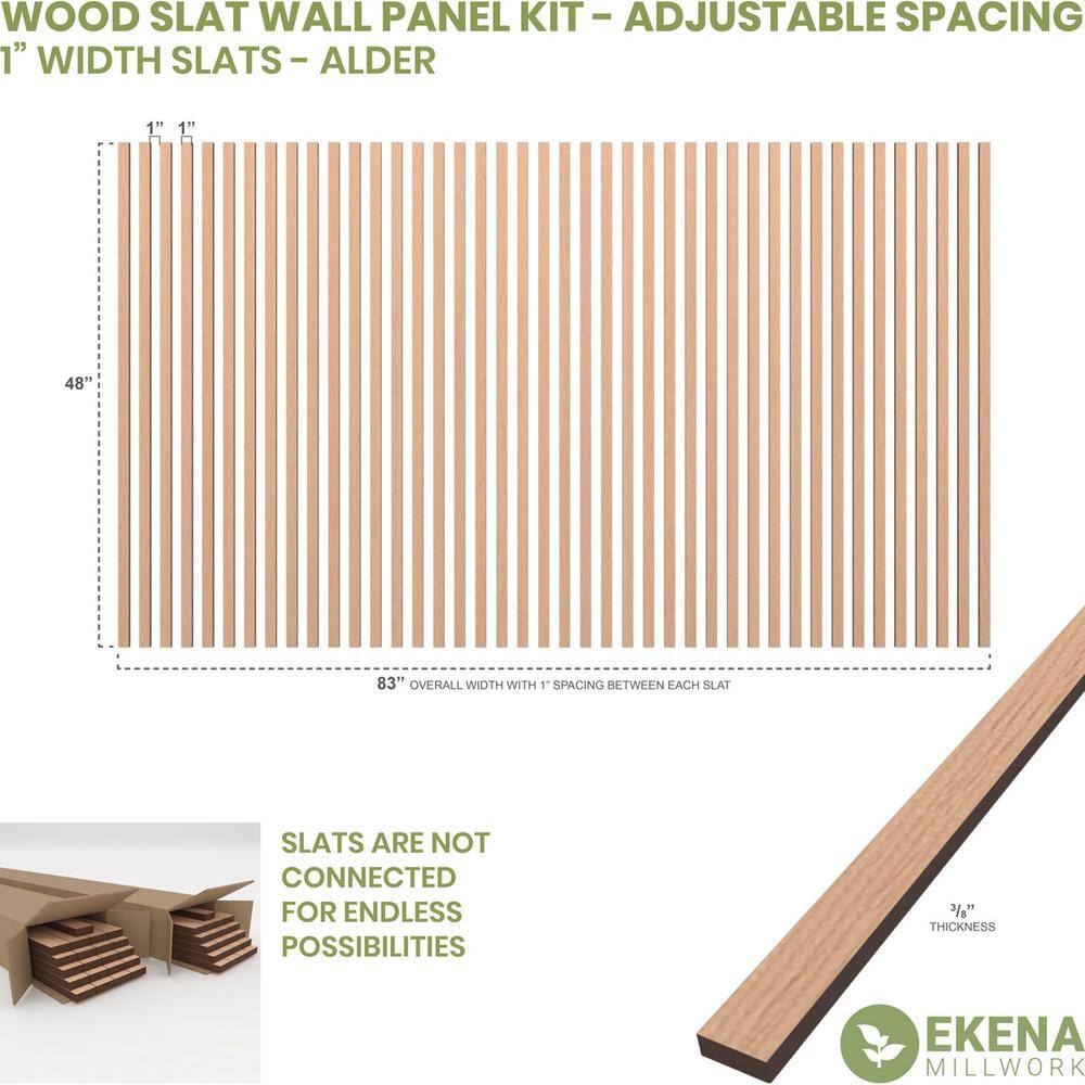 Ekena Millwork 47-in H x-38-in T Adjustable Wood Slat Wall Panel Kit w1-in W Slats Alder (contains 42 Slats) SWW84X48X0375AL