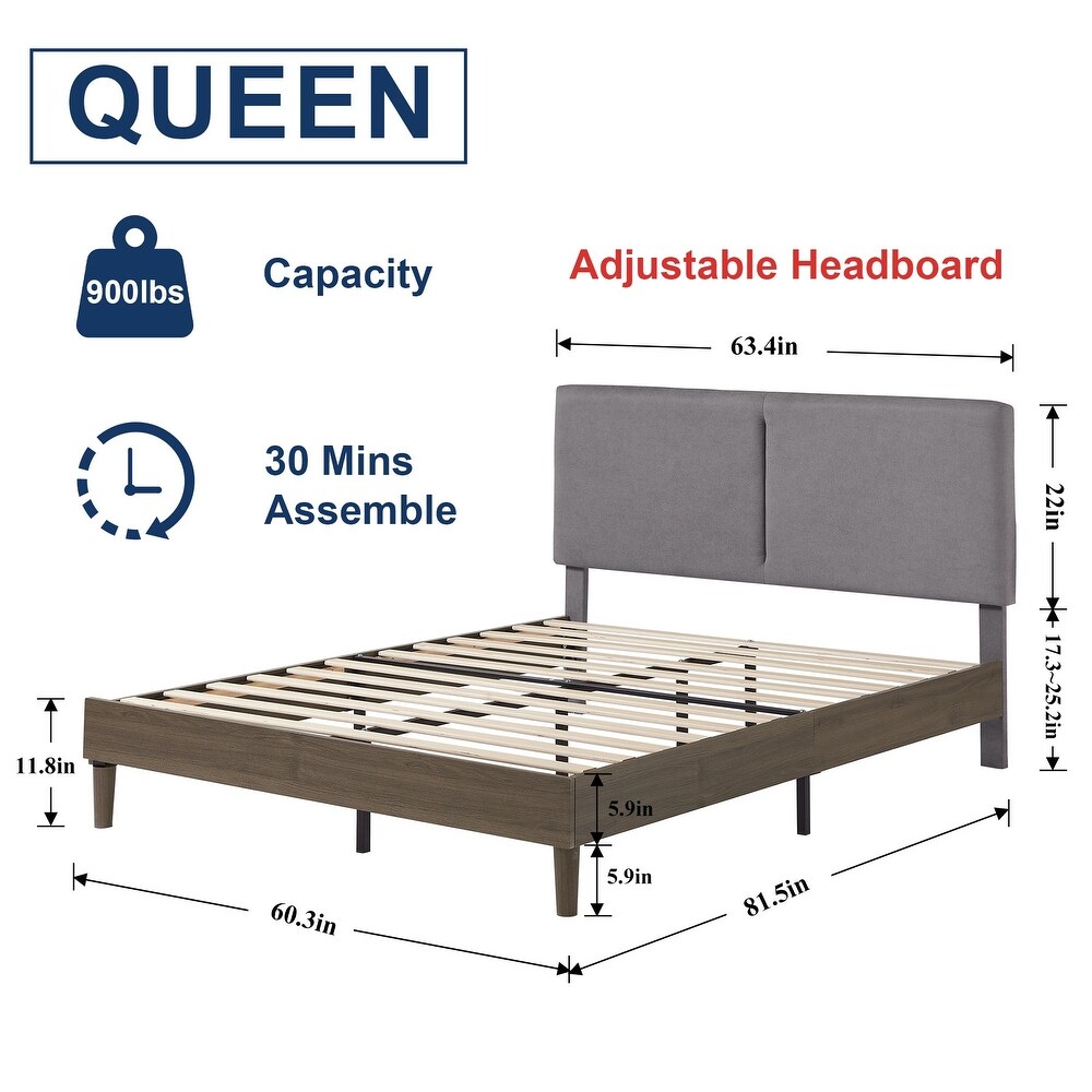 Javlergo Upholstered Bed Frame with Linen Fabric Adjustable Headboard  Strong Wood Slats Supports  No Box Spring Needed