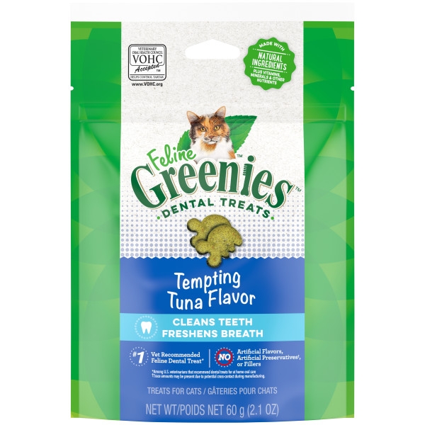 Feline Greenies Adult Natural Dental Care Cat Treats， Tempting Tuna Flavor， 2.1 oz. Pouch