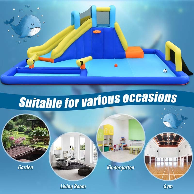 6-in-1 Kids Giant Water Park Inflatable Water Slide Bounce House with Large Soccer Splash Pool, Water Cannons, Climbing Wall