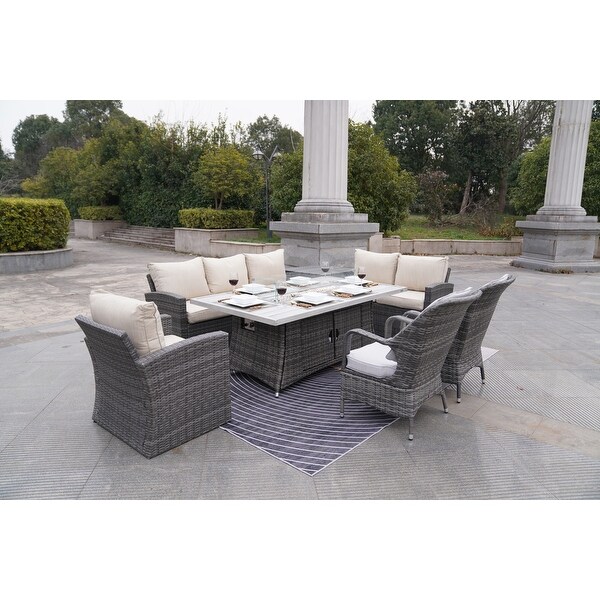 7Piece Patio Rattan Sofa Set with Alum Dining Table and Armchairs