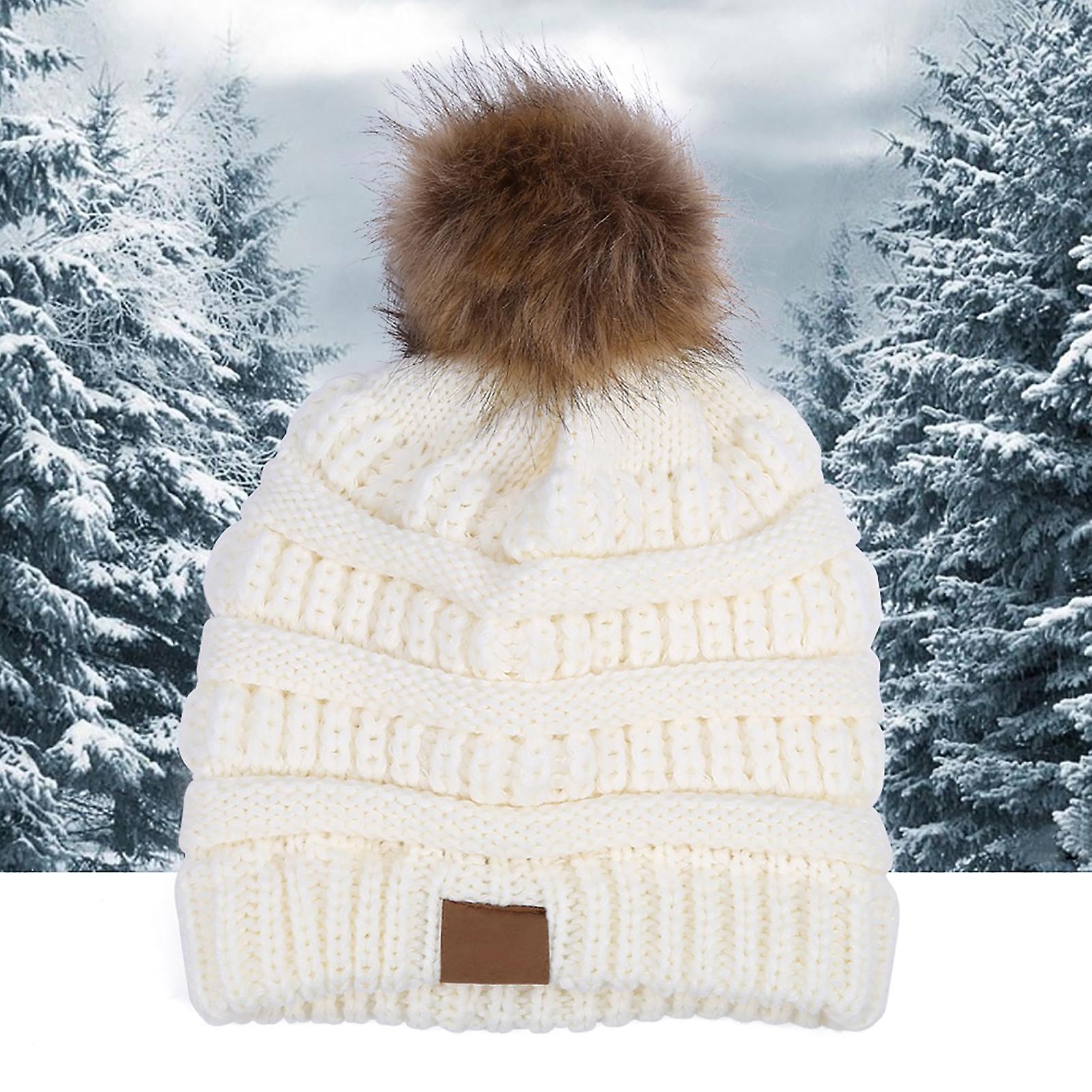 Fashionable Knitted Cap Faux Raccoon Fur Pompom Winter Hat For Keeping Warm (white)