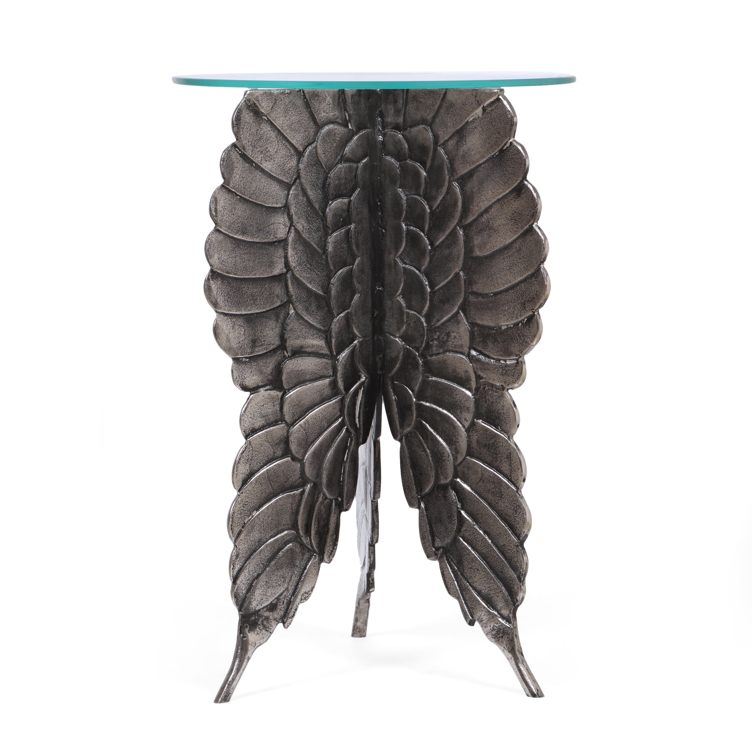 Hardt Boho Glam Handcrafted Aluminum Fairy Wing Accent Table with Glass Top, Antique Nickel