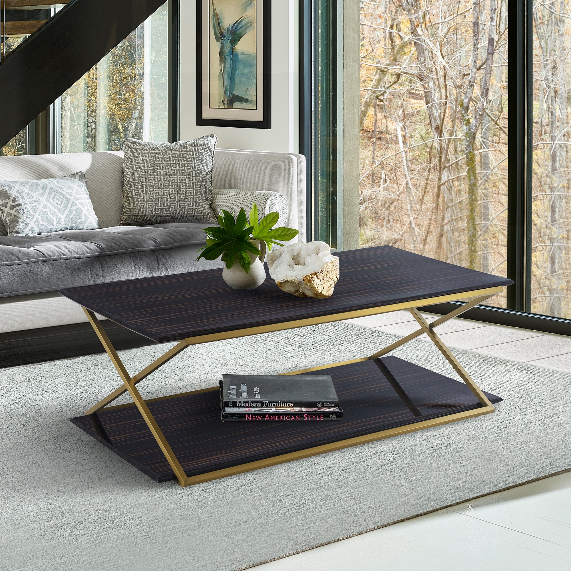 Westlake Dark Brown Veneer Coffee Table with Brushed Gold Legs