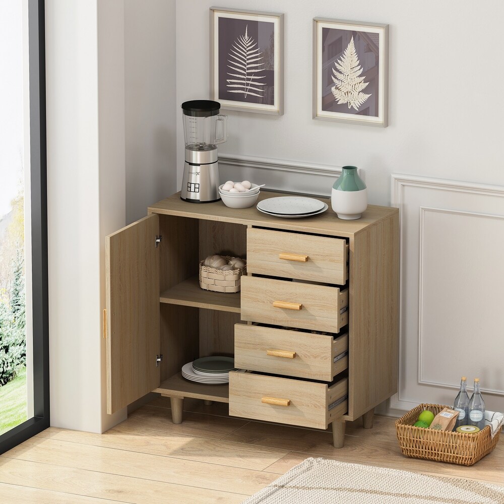 4 Drawers Wooden Dresser with Rattan Decorative Doors